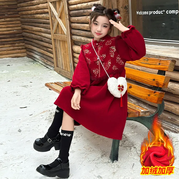 女大童国风连衣裙秋冬装2025新款红色新年衣服女孩冬季拜年服裙子