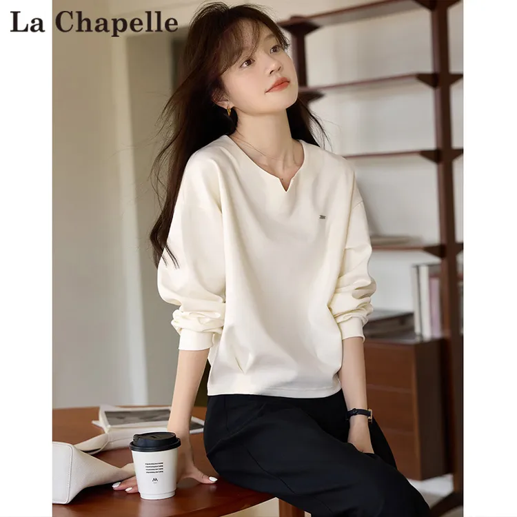拉夏贝尔休闲宽松卫衣女2025秋季新款V领收腰显瘦短款设计感上衣