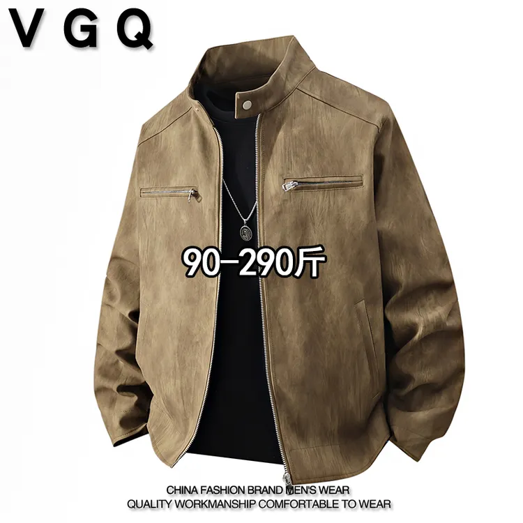 VGQ潮男美式休闲立领皮夹克秋季加肥宽松百搭胖子工装风上衣外套