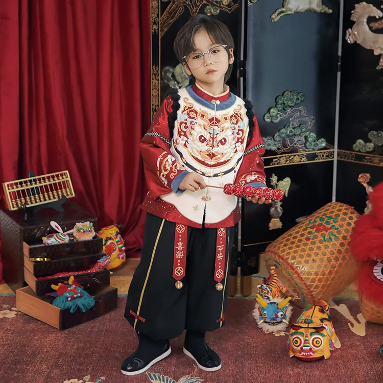 旗铂-金狮纳福 2025新款儿童拜年服国风男童汉服旗袍过年红色唐装