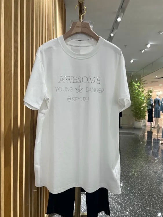 声雨竹7p060白色短袖圆领字母烫钻吸汗半大款T恤轻奢百搭潮流经典