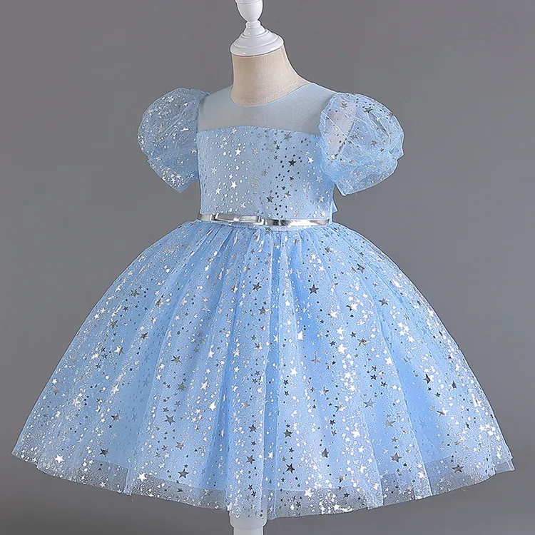 儿童婚纱礼服舞台服装亮片公主裙女孩子短袖连衣裙洋气走秀夏季