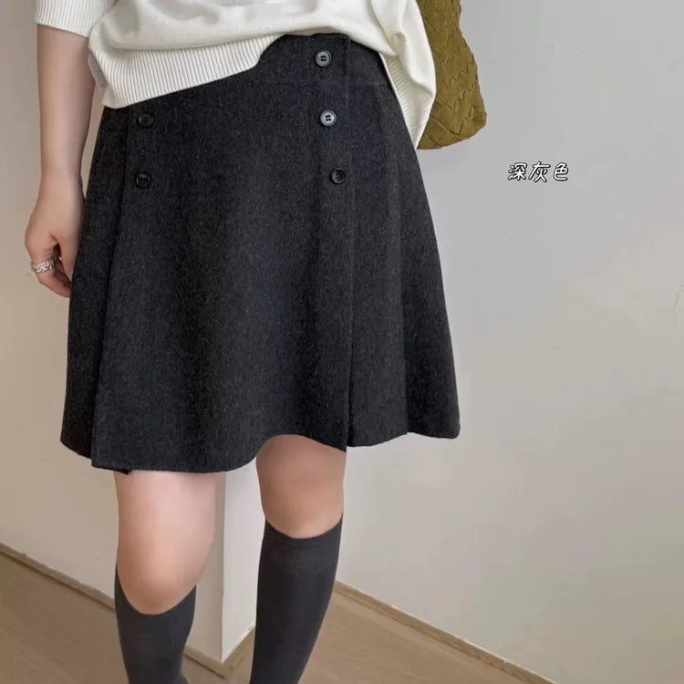 韩系高腰显瘦百搭双排扣a字毛呢半身裙灰色系呢子短裙miu系秋冬女
