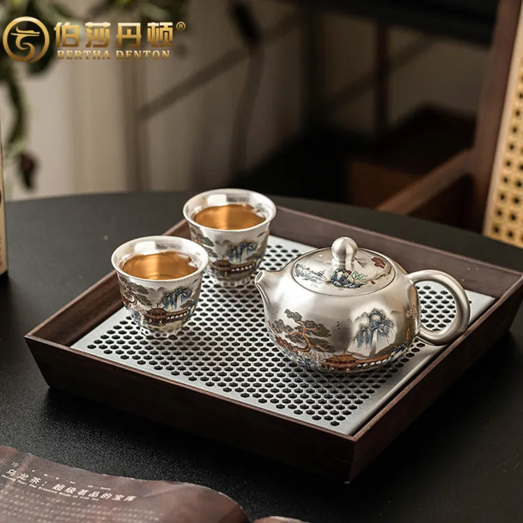 BERTHA DENTON/伯莎丹顿鎏银万里山河茶具套装泡茶一壶二杯伴手礼