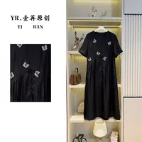 壹苒原创【福蝶】中式改良设计师龟裂纹刺绣气质宽松连衣裙YC7657
