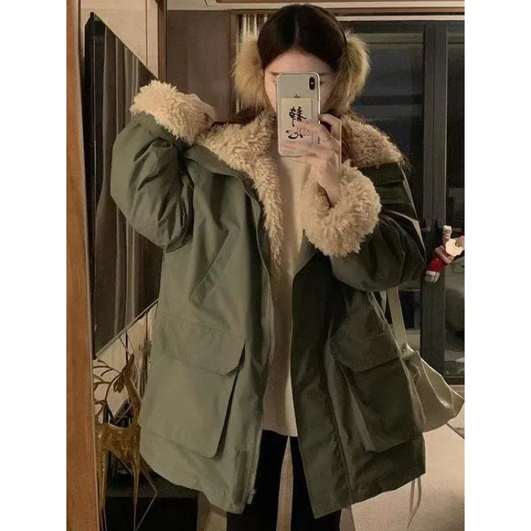 赵露思同款加厚内里羊羔毛绒拼接派克保暖御寒冲锋衣女外套