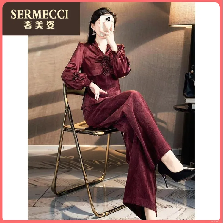 高级感酒红色奢美姿秋冬气质时尚花朵上衣阔腿裤御姐两件套装女