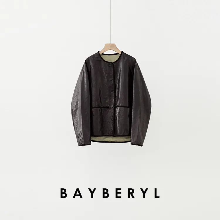 BAYBERYL老贝觅境*两面穿油蜡圆领廓形排扣秋皮衣9PY5I1521-9/21