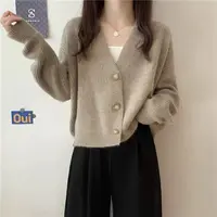 新款秋冬小个子V领宽松慵懒毛衣外套短款上衣W010