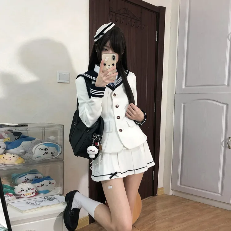 次元学院/火星jk原创海军领西装女短款收腰白西服箱褶裙套装秋冬