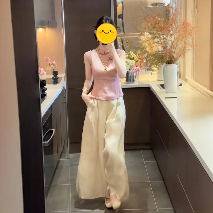 新中式国风立领斜襟旗袍粉色气质小衫上衣高腰百搭阔腿裤两件套