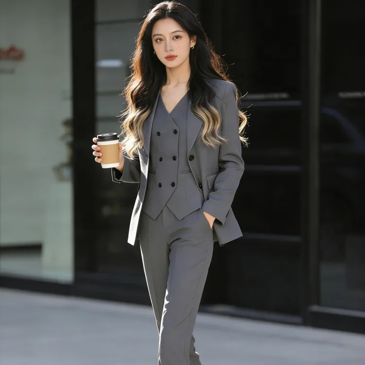 秋冬新款马甲套装气质藏青西装三件套装女职业通勤高级感修身正装