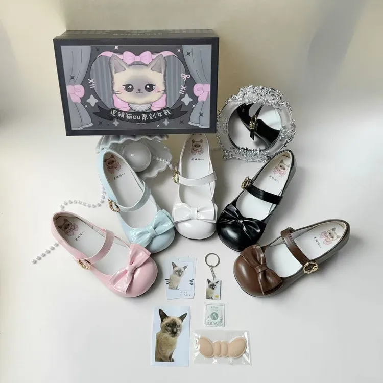 逻辑猫ou原创低跟lolita鞋可爱日系百搭圆头多巴胺蝴蝶结浅口软底