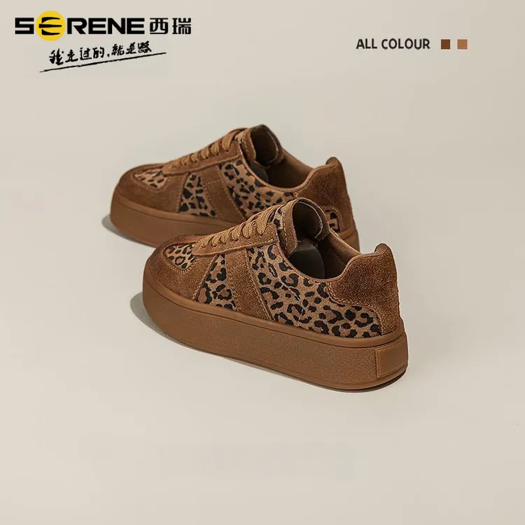 西瑞女鞋百搭时尚小众ins韩版厚底德训鞋女擦色拼接超纤鞋面系带