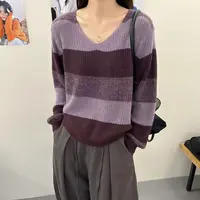 条纹V领慵懒风长袖针织毛拼色566