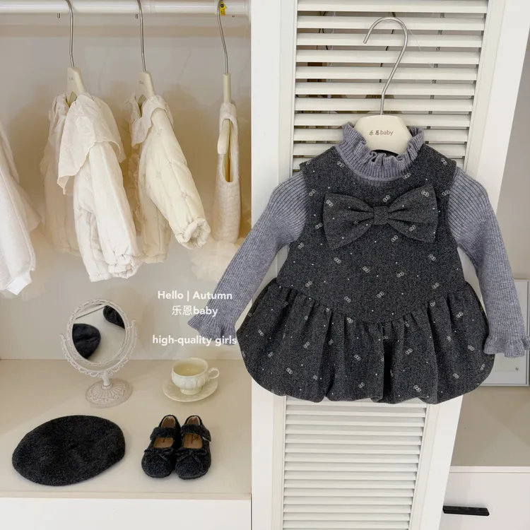 【乐恩童装】原创设计冬季女童灰色蝴蝶结背心加绒裙韩系小香裙子