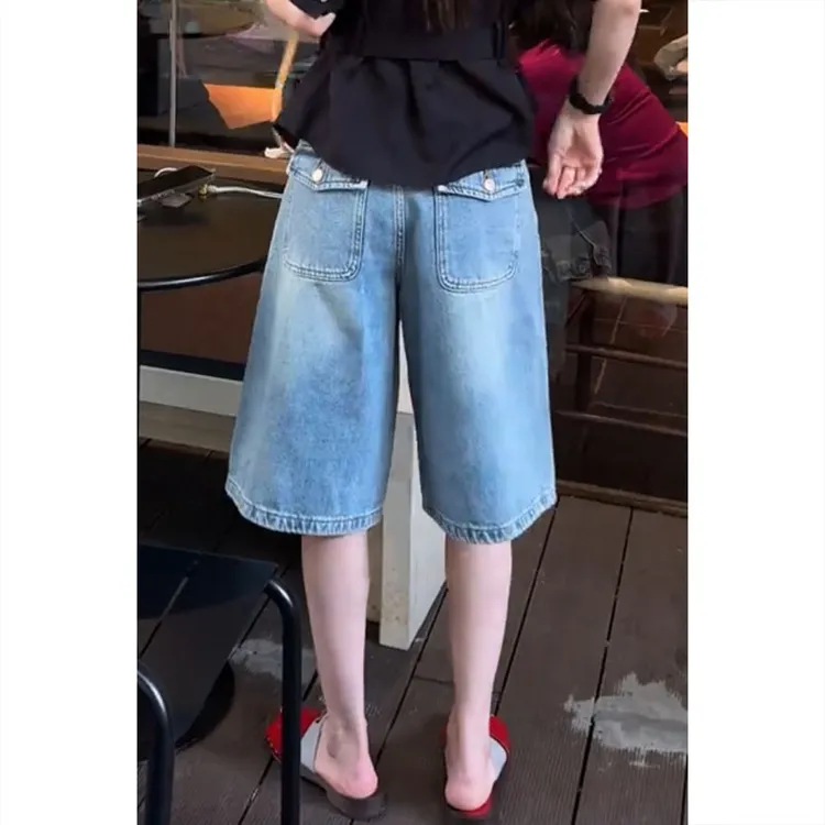 艾塔莉显瘦设计感牛仔裤女夏季新款遮肉中裤宽松大码直筒裤小个子