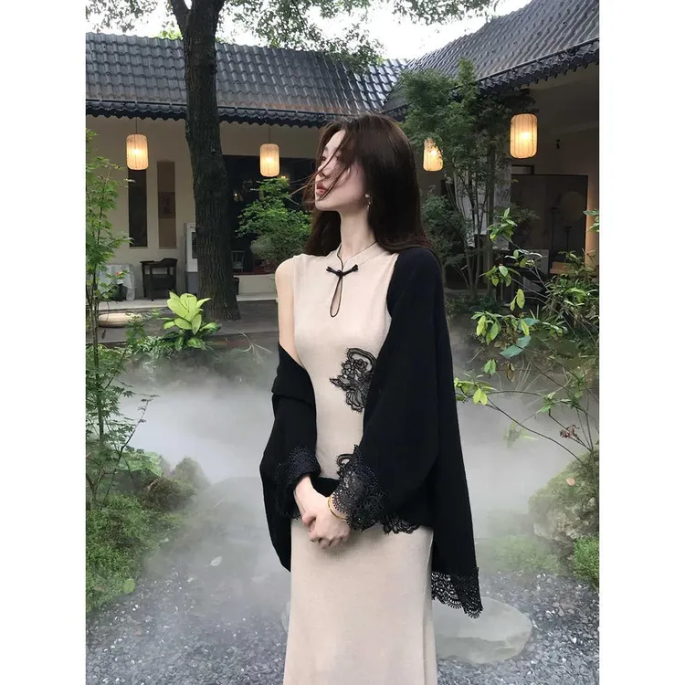 2025初秋新款新中式无袖旗袍针织高级感连衣裙长裙开衫两件套套装
