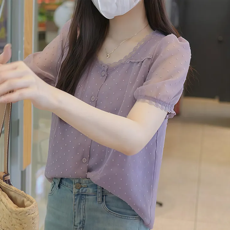 韩版时尚蕾丝花边拼接短袖衬衫女2025年夏季新款洋气减龄打底上衣