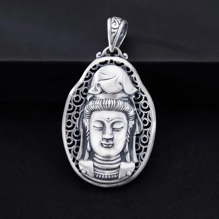 吊坠足银 男士吊坠观音项坠做旧长款民族风银制品素款复古手工佛