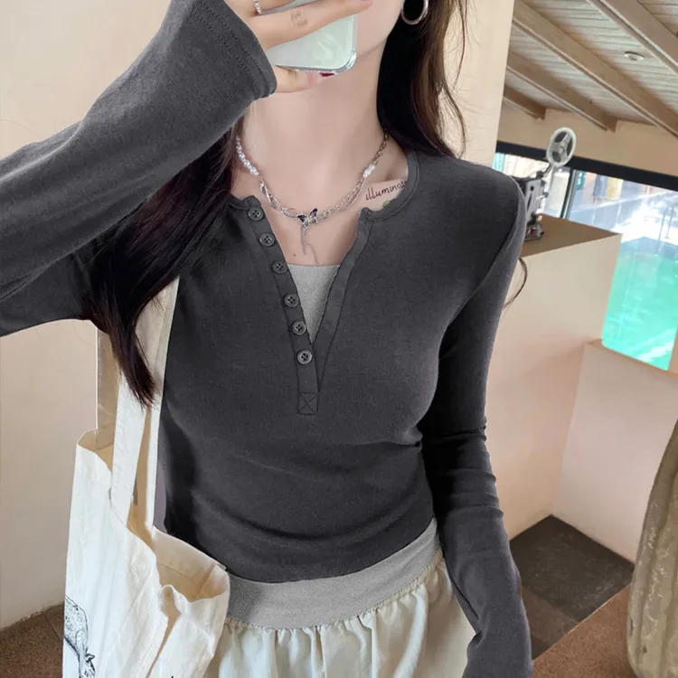 韩版V领纯棉假两件打底衫正肩修身拼接长袖女春秋季内搭显瘦上衣