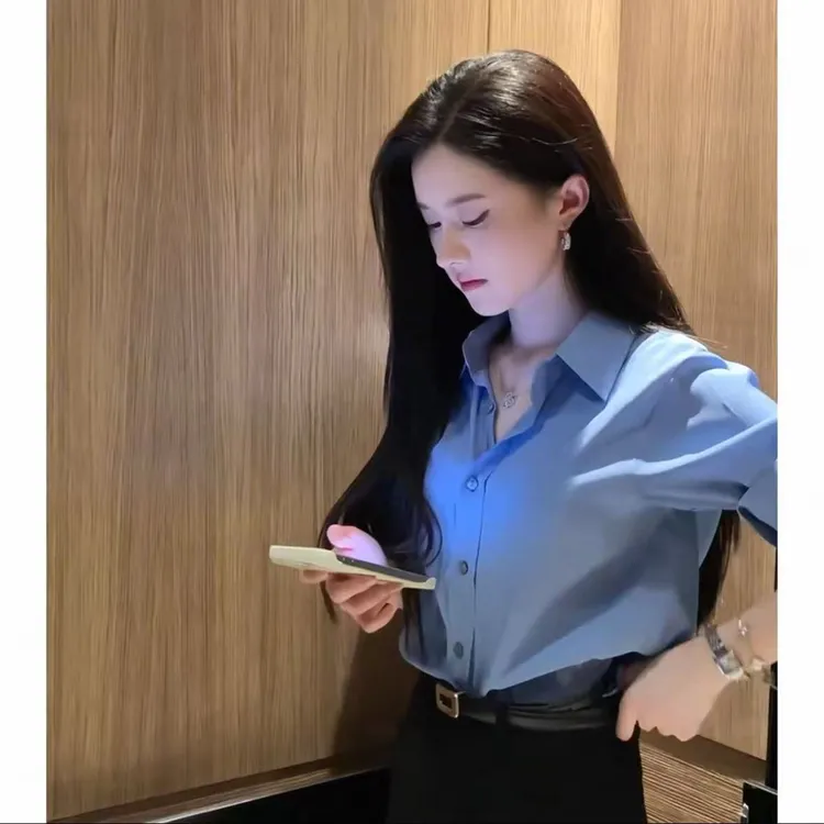 老钱风时尚套装2025秋季气质高级感宽松显瘦蓝色衬衫+高腰阔腿裤