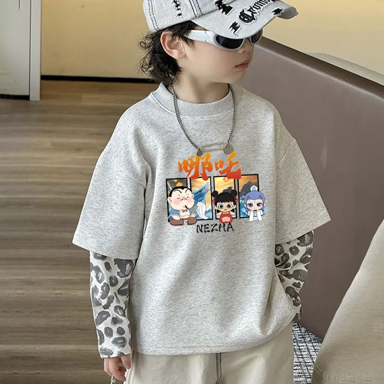 男童卫衣春秋哪吒儿童长袖假两件圆领套头卫衣卡通动漫潮童卫衣