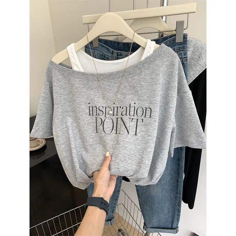 微胖mm大码假两件吊带露肩短袖t恤女装夏季新款设计感短款上衣