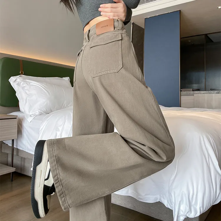 卡其色弯刀牛仔裤女2025秋季新款拼接窄版休闲工装裤直筒阔腿长裤
