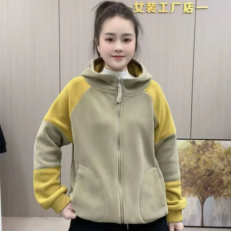 秋冬新款时尚休闲洋气百搭连帽拼色双面奥利绒减龄加绒撞色外套