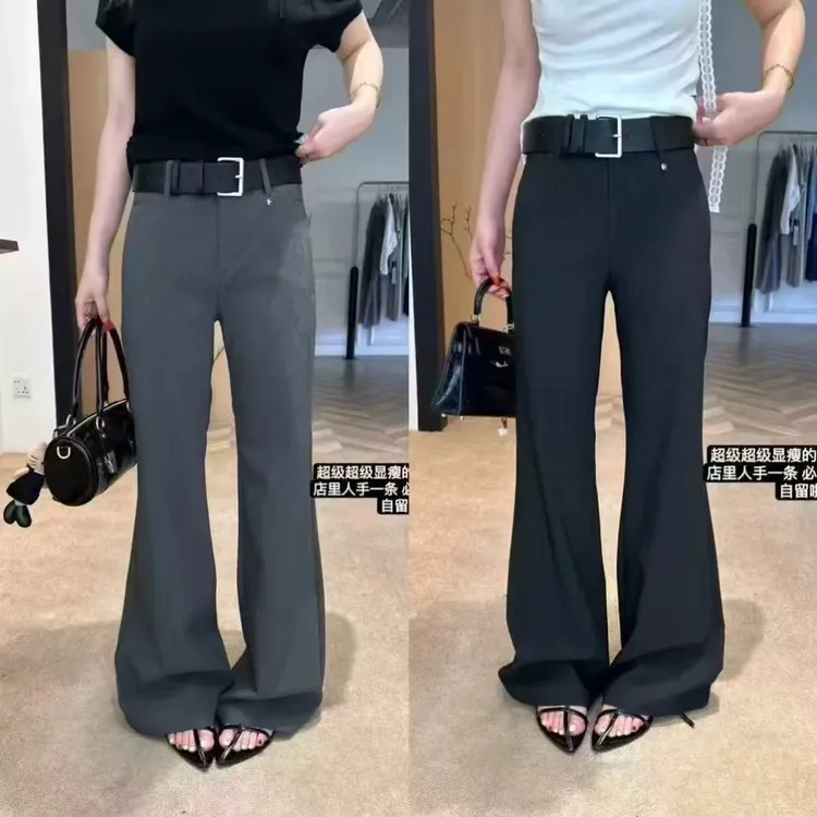 夏季女士中腰美式垂感西装长裤显瘦微喇叭拖地休闲裤