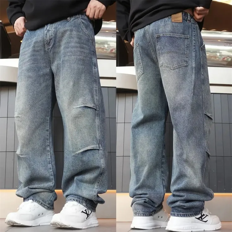 冬季重磅加厚美式重工水洗弯刀阔腿牛仔裤男士潮牌宽松百搭直筒裤