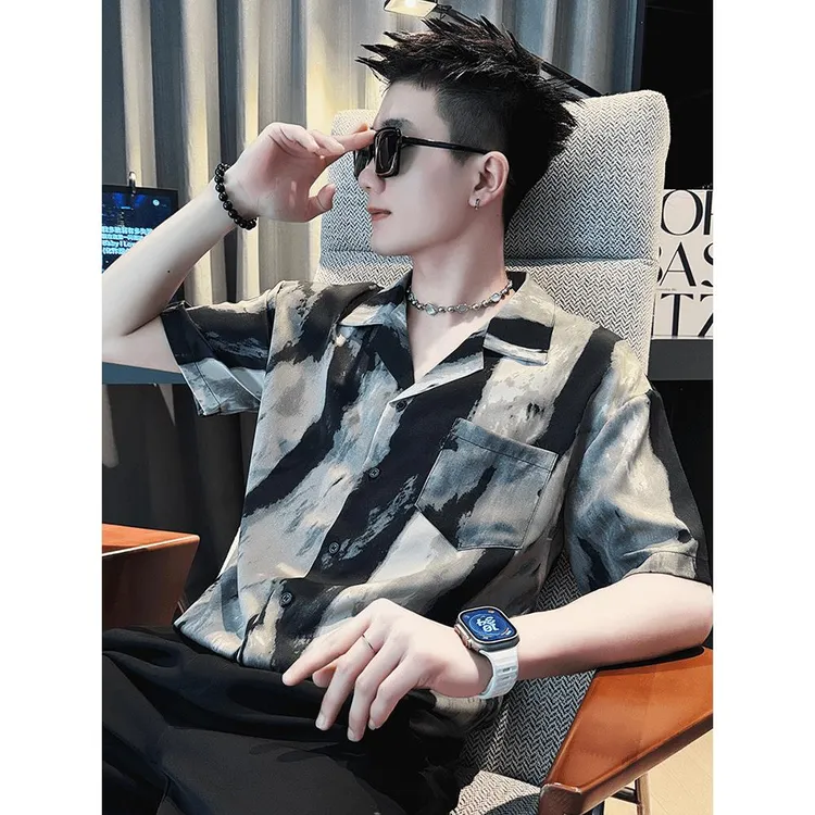 时尚爆款设计感撞色衬衫男夏季潮牌痞帅短袖衬衣新款男士休闲薄TZ