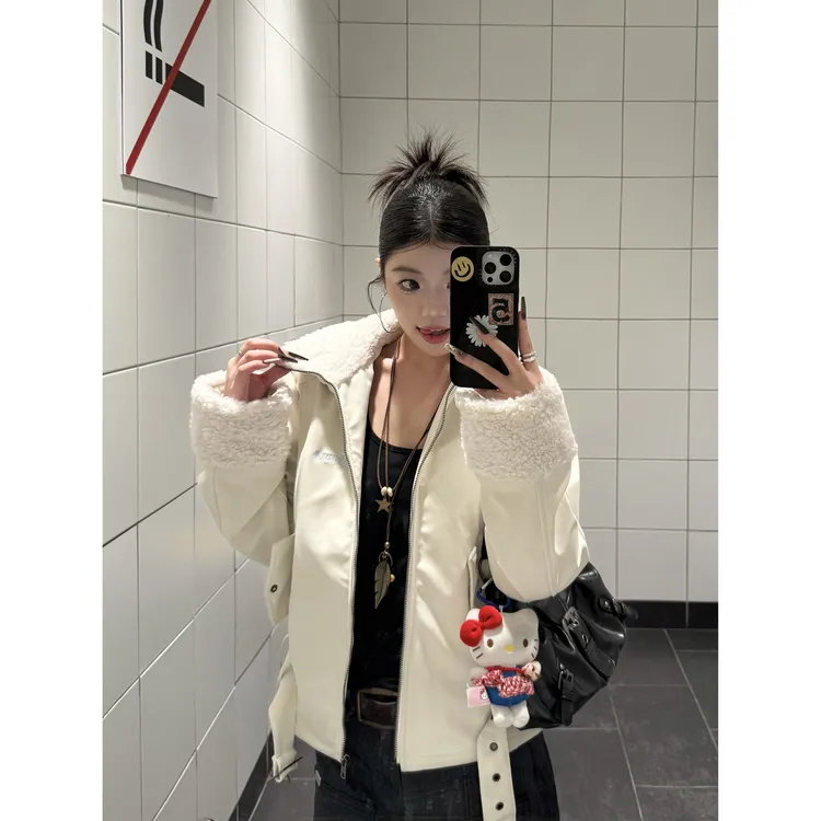 KOIISLE美式复古短款毛领拉链外套袖子毛毛设计修身百搭显瘦女ins