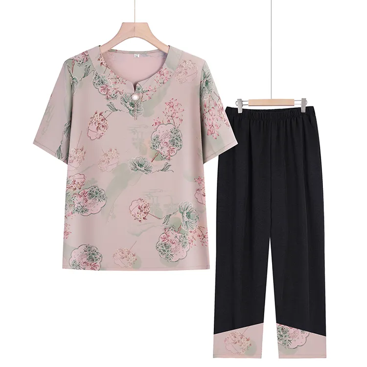 Q886妈妈装夏款洋气短袖套装中老年两件套奶奶气质圆领宽松套装