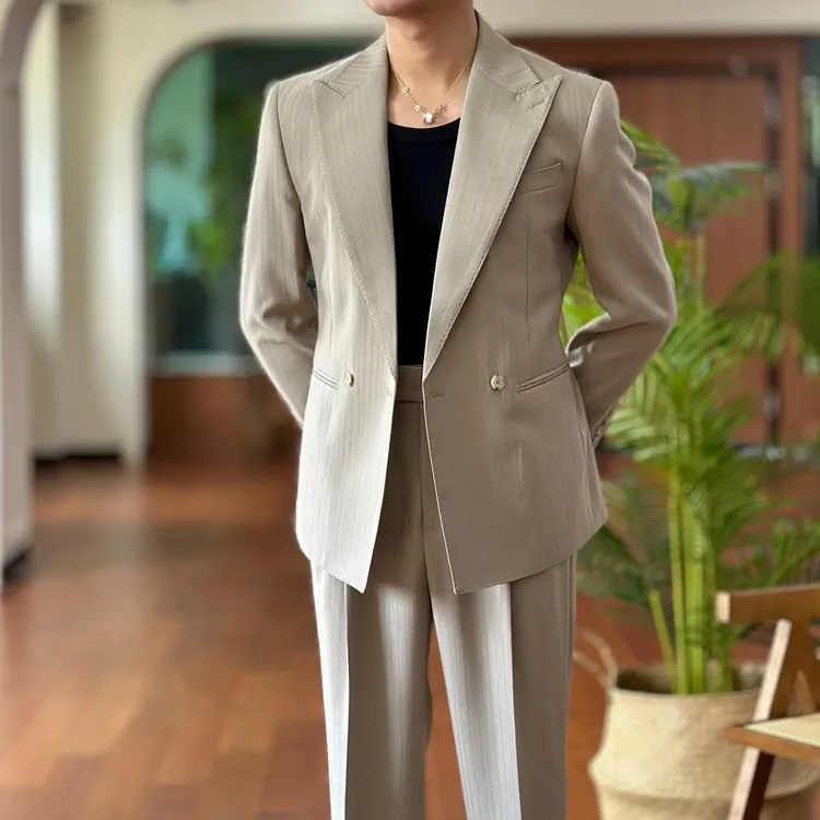 意式条纹戗驳领西服套装商务休闲气质宴会通勤单西外套男士