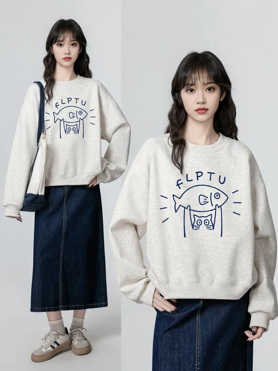 正肩卫衣女秋冬季2025新款宽松大码胖mm圆领长袖套头慵懒风上衣