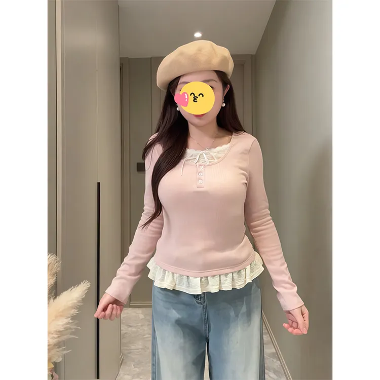 大码胖MM甜美风蕾丝拼接蝴蝶系带假两件上衣早秋甜辣修身显瘦小衫