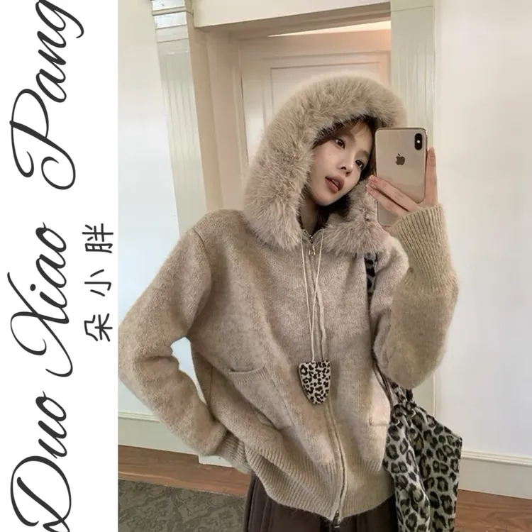 大码秋冬拼接拉链连帽慵懒韩版时尚胖mm套头百搭宽松女长袖针织衫