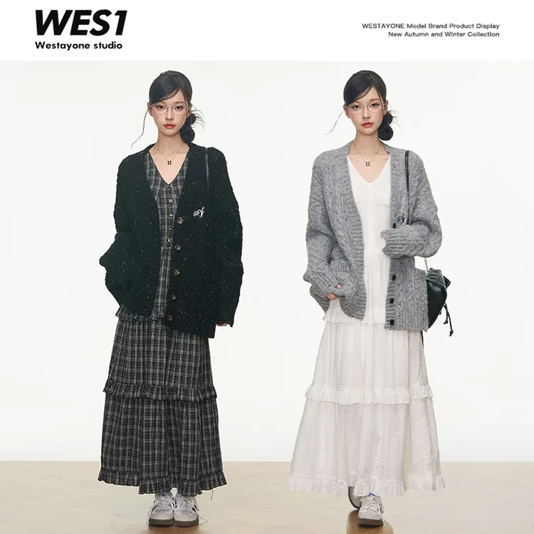 WESTAYONE宽松彩点毛衣开衫外套女灰色慵懒风+连衣长裙