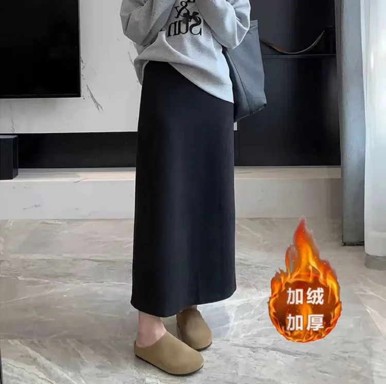 【原版正品】及简醋酸羊毛裙2025秋冬直筒显瘦显高开叉中长裙半身裙