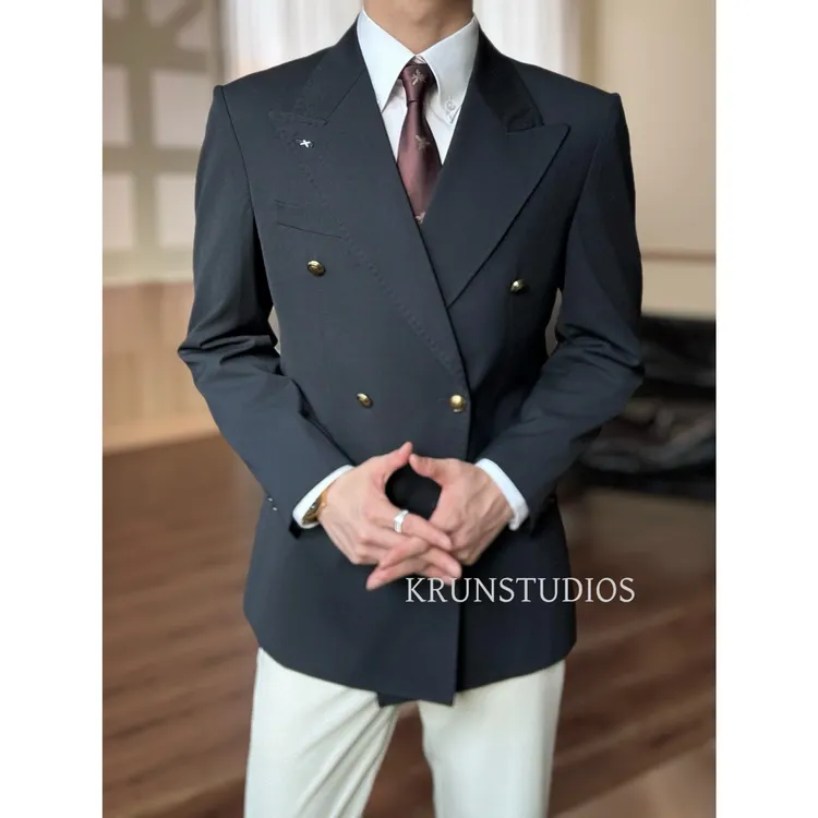 【KRUN】布雷泽戗驳领双排扣西服手工瀑布袖莱赛尔棉羊毛西服外套
