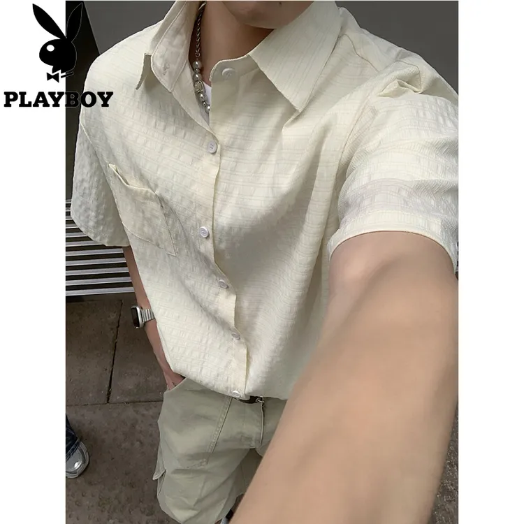 美式复古条纹肌理感气质衬衫男夏季高品质泡泡格翻领简约衬衣开衫