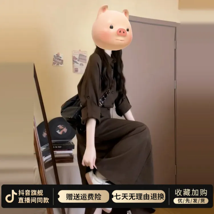 早秋2025新款复古高级感衬衫长袖连衣裙子女美拉德穿搭polo领长裙