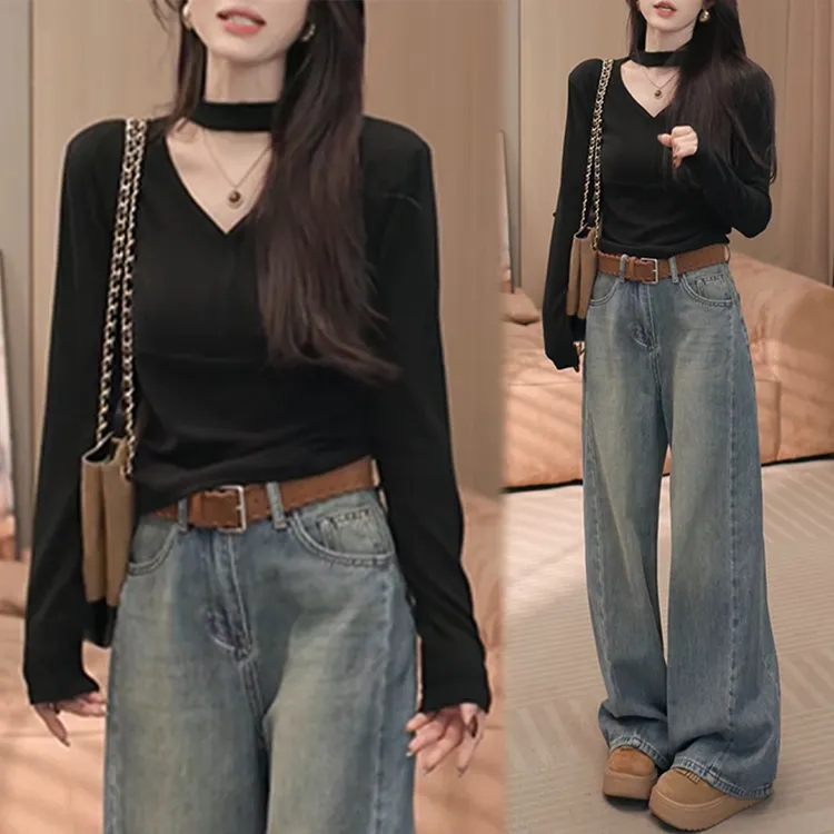 韩系ins风百搭洋气直筒牛仔裤女士2025秋季新款潮流设计感阔腿裤
