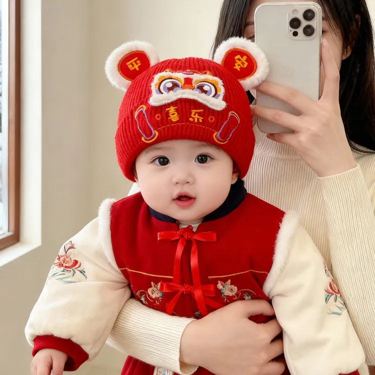 XINGDUOXIONG/星朵熊婴儿帽子秋冬季宝宝毛线帽男婴幼儿醒狮红色