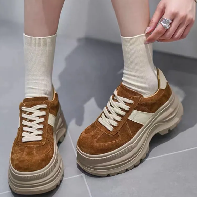 透气暗黑风欧美风休闲时尚休闲鞋圆头松糕鞋女鞋百搭真皮复古厚底