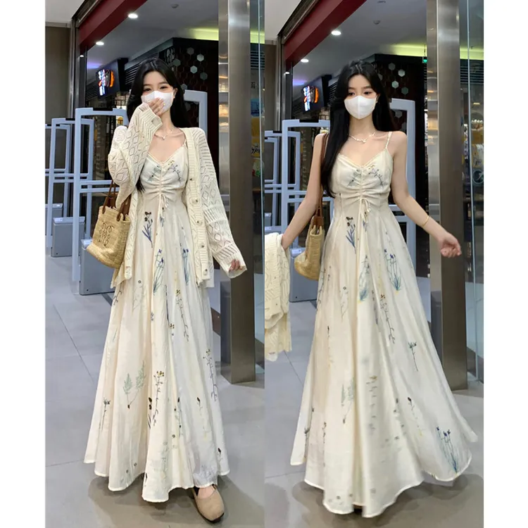 大码2025春夏新款法式气质连衣裙女褶皱感水草花复古刺绣长裙开衫