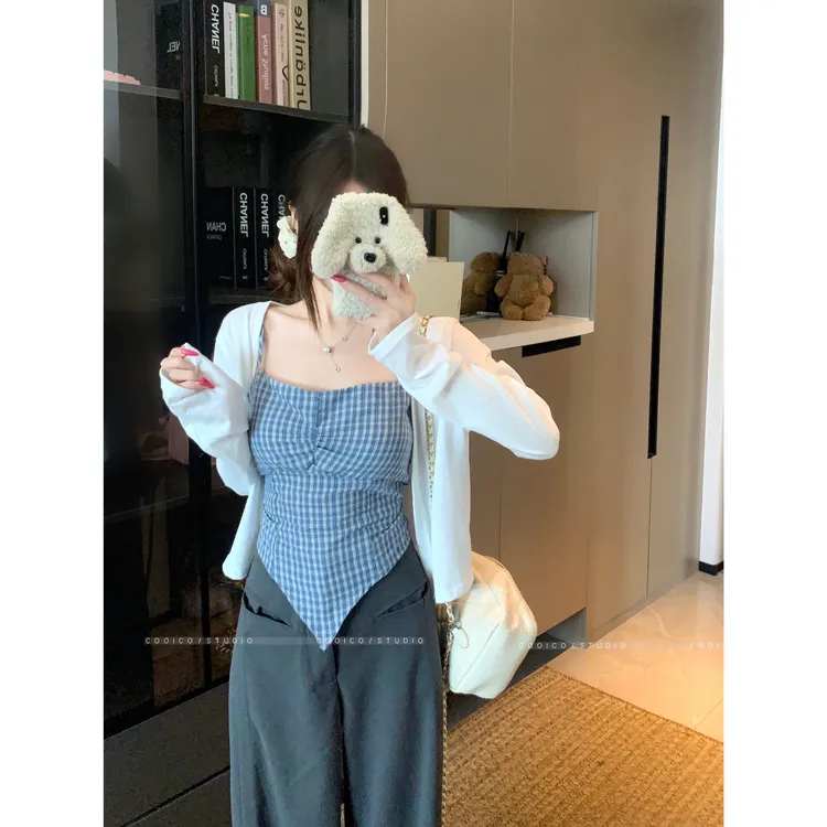 实拍现货 韩版纯欲风不规则格子吊带长袖开衫叠穿两件套女