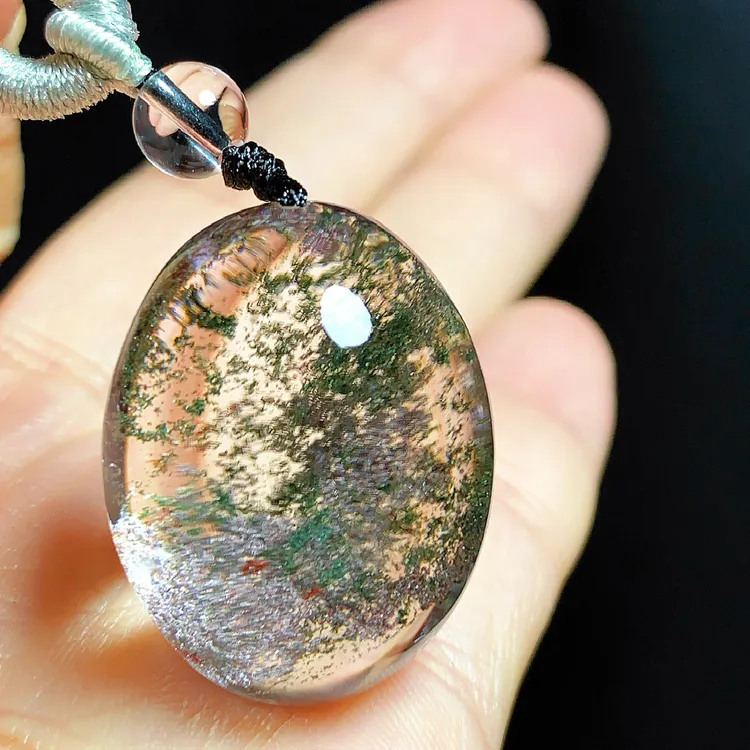 东海水晶天然蛋面绿幽灵水晶吊坠毛衣链通透原石项坠男女款聚宝盆